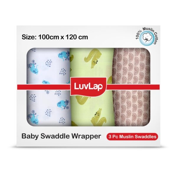 LuvLap Cotton Muslin Swaddle Set Elephant Squirrel, Pack of 3 - Fast Shipping to USA & Canada