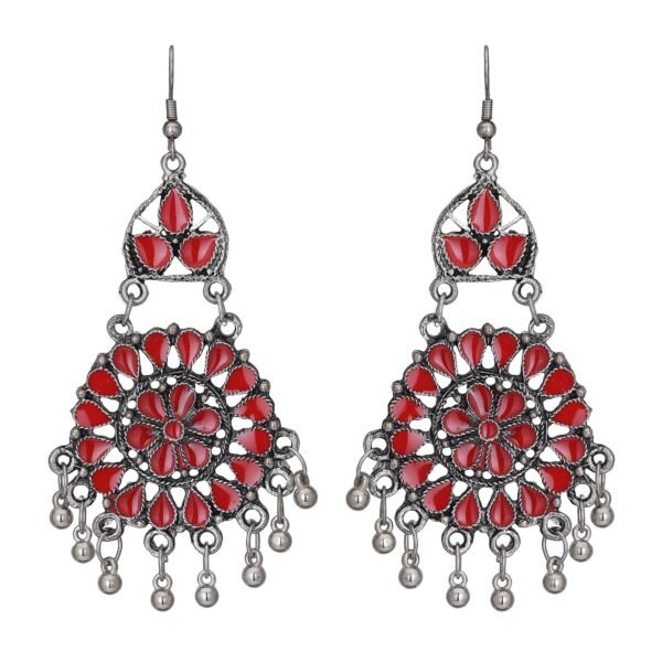 Shreyadzines Designer Afghani Oxidized Silver Enamel Earrings for Women and Girls (Red) - Fast Shipping to USA & Canada