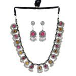 Shreyadzines Exclusive German Silver Oxidized Traditional Latest Fashion Choker Stone Necklace with Earrings Jewellery Set for Women and Girls - Fast Shipping to USA & Canada