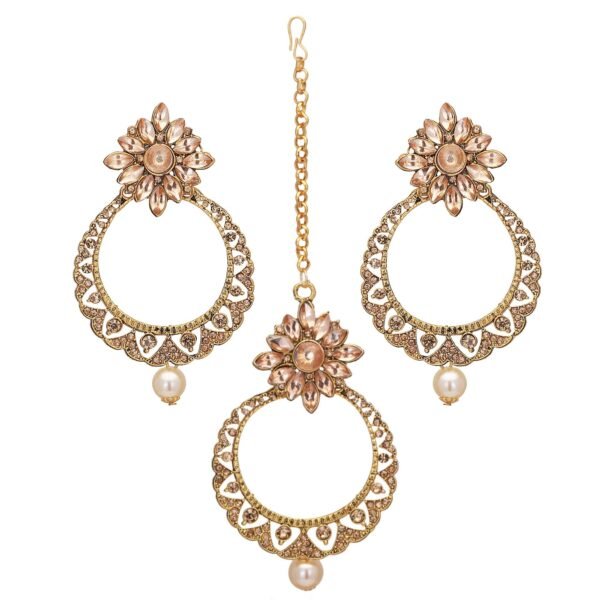 Shreyadzines CZ Stones Faux Pearl Wedding chandbali Earrings maang tika Set for Women and Girls (Gold) - Fast Shipping to USA & Canada
