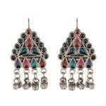 Shreyadzines Kuchi Afghani Tribal Big Statement Metal Chandelier Dangle Enamel Work Oxidised Silver Earrings with Bells for Girls and Women - Fast Shipping to USA & Canada