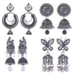 MEENAZ Oxidised Silver Jhumka & Chandbali Earrings Combo (M138) - Fast Shipping to USA & Canada