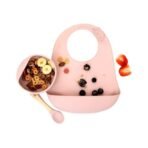 Kids Station 3 Piece BPA-Free Silicone Baby Feeding Set - Baby Bib - Spoon and Bowl - Make Mealtime Fun - Microwave Safe - Unbreakable Eco-Friendly - Organic & Natural (Pink) - Fast Shipping to USA & Canada - Image 2