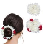 Temperia (2 Pcs) Scented Mogra Gajra Hair Accessories For Women & Girls - Hair Flower Bun Artificial Fake Gajra Scrunchies Rubber Band - Premium & Voluminous, 1 Pc Red Petals & 1 Pc White - Fast Shipping to USA & Canada - Image 2