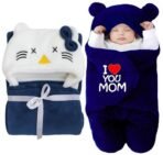 First Kick Baby Blankets New Born Combo Pack of Hooded Wrapper Sleeping Bag and Baby Bath Towel for 0-6 Months Baby Boys and Baby Girls Pack of 2, Flannel, Navy Blue Mom & Kitty, lightweight - Fast Shipping to USA & Canada - Image 2