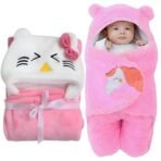 First Kick Baby Blankets Polycotton New Born Combo Pack of Hooded Wrapper Sleeping Bag and Baby Bath Towel for 0-6 Months Baby Boys and Baby Girls Pack of 2, Baby Pink, L 80 cm x B 80 cm - Fast Shipping to USA & Canada - Image 2