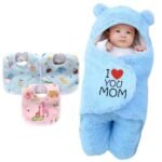 First Kick New Born Security Baby Blanket Hooded Embroided Wearable Wrapper Baby Sleeping Bag Pack of 1 Blanket and 3 Pcs Bibs - Fast Shipping to USA & Canada