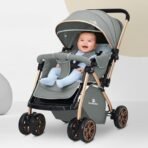 StarAndDaisy Foldable Baby Stroller for 0-3 years Infant & Toddler / Travel Pram for Baby with 360? Swivel Lockable Front Wheels , Multi-Level Recline & Adjustable Footrest, Removable Tray , Safety Harness Belt -Grey - Fast Shipping to USA & Canada - Image 2