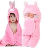 First Kick Baby Blankets New Born Combo Pack of Hooded Wrapper Durable Fleece Polyester Sleeping Bag and Baby Bath Towel for 0-6 Months Baby Boys and Baby Girls Pack of 2 Pink Rabbit, Unicorn Pink - Fast Shipping to USA & Canada - Image 2