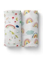 MOM'S HOME Organic Cotton Baby Muslin Swaddle Combo | Rainbow & Unicorn | 100X100 cm | 0-12 Months | Multicolor | Pack of 2 - Fast Shipping to USA & Canada - Image 2