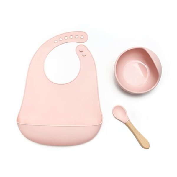 Kids Station 2 Piece BPA-Free Silicone Baby Feeding Set - Bowl - Spoon - Happy Mealtime - Tableware Meal Utensils for Kids with Suction - Baby Feeding Product (Set of 3, Light Pink) - Fast Shipping to USA & Canada