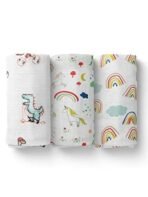 MOM'S HOME Organic Cotton Baby Muslin Swaddle Combo | Dinosaur, Rainbow & Unicorn | 100X100 cm | 0-12 Months | Multicolor | Pack of 3 - Fast Shipping to USA & Canada - Image 2
