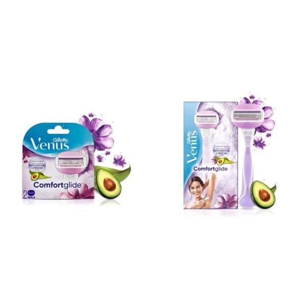 Gillette Venus Comfortglide Hair Removal Razor Blades/Refills/Cartridges for Women - 2 Pieces & Venus Comfortglide Hair Removal Razor for Women with Avocado Oils & Body Butter, 1 Pc - Fast Shipping to USA & Canada