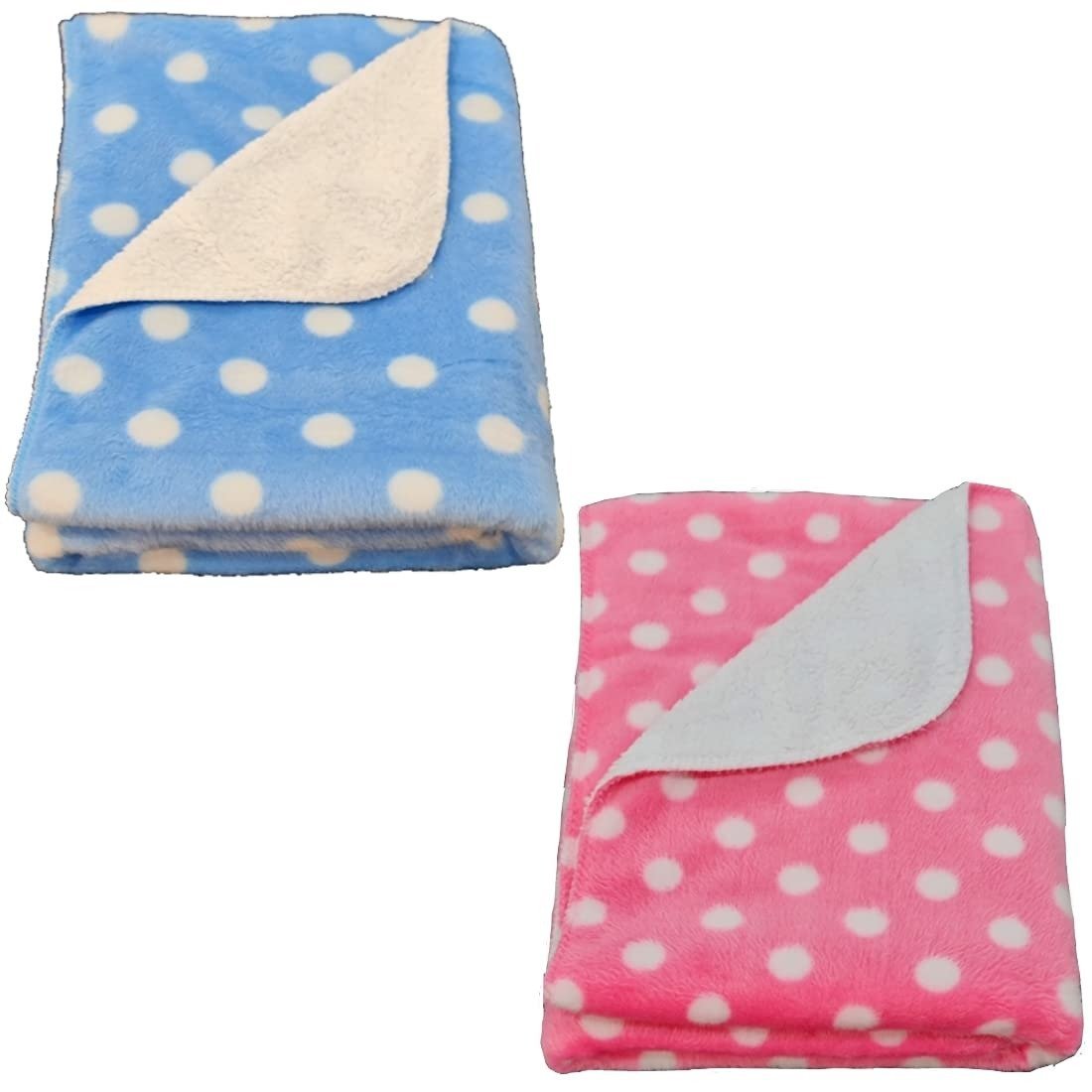 516mgpOtYiS-1.jpg First Kick Baby Blankets New Born Combo Pack of Polka Printed Wrapper Durable Fleece Polyester Towel Cum Baby Sleep Crib Wrapping Sheet (100 cm x 75cm, 0-12 Months) Pack of 2 Dotts Sky, Pink - Fast Shipping to USA & Canada - Image 1