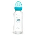 Mee Mee Glass Feeding Bottle 240ml| Eazy Flo Technology, Anti-Colic Valve, Anti-Slip Ergonomic Shape & Slim Neck | BPA-Free, Borosilicate Glass Feeding Bottle for 0m+/Babies Upto 3 Years (Blue) - Fast Shipping to USA & Canada