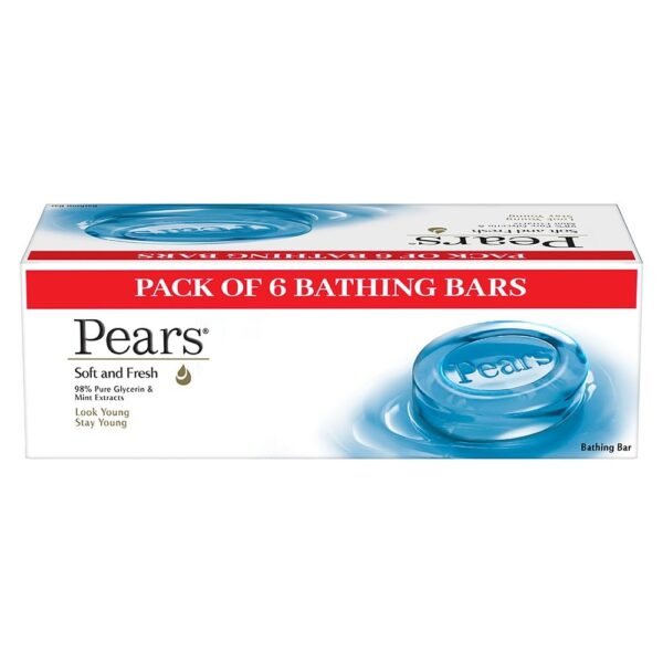 Pears Soft & Fresh Bathing Soap Bar 125 g (Pack of 6) With Glycerin & Mint, Cooling Soap for Glowing Skin & Body - Paraben Free, For Men & Women - Fast Shipping to USA & Canada