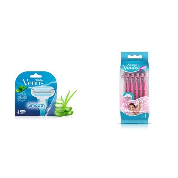 Gillette Venus Hair Removal Razor Blades/Refills/Cartridges for Women - 4 Pieces (Aloe Vera Glidestrip) & Gillette Venus Simply Venus Pink Hair Removal for Women - 5 razors (B4G1) - Fast Shipping to USA & Canada