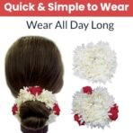 Temperia (2 Pcs) Scented Mogra Gajra Hair Accessories For Women & Girls - Hair Flower Bun Artificial Fake Gajra Scrunchies Rubber Band - Premium & Voluminous, 1 Pc Red Petals & 1 Pc White - Fast Shipping to USA & Canada - Image 5