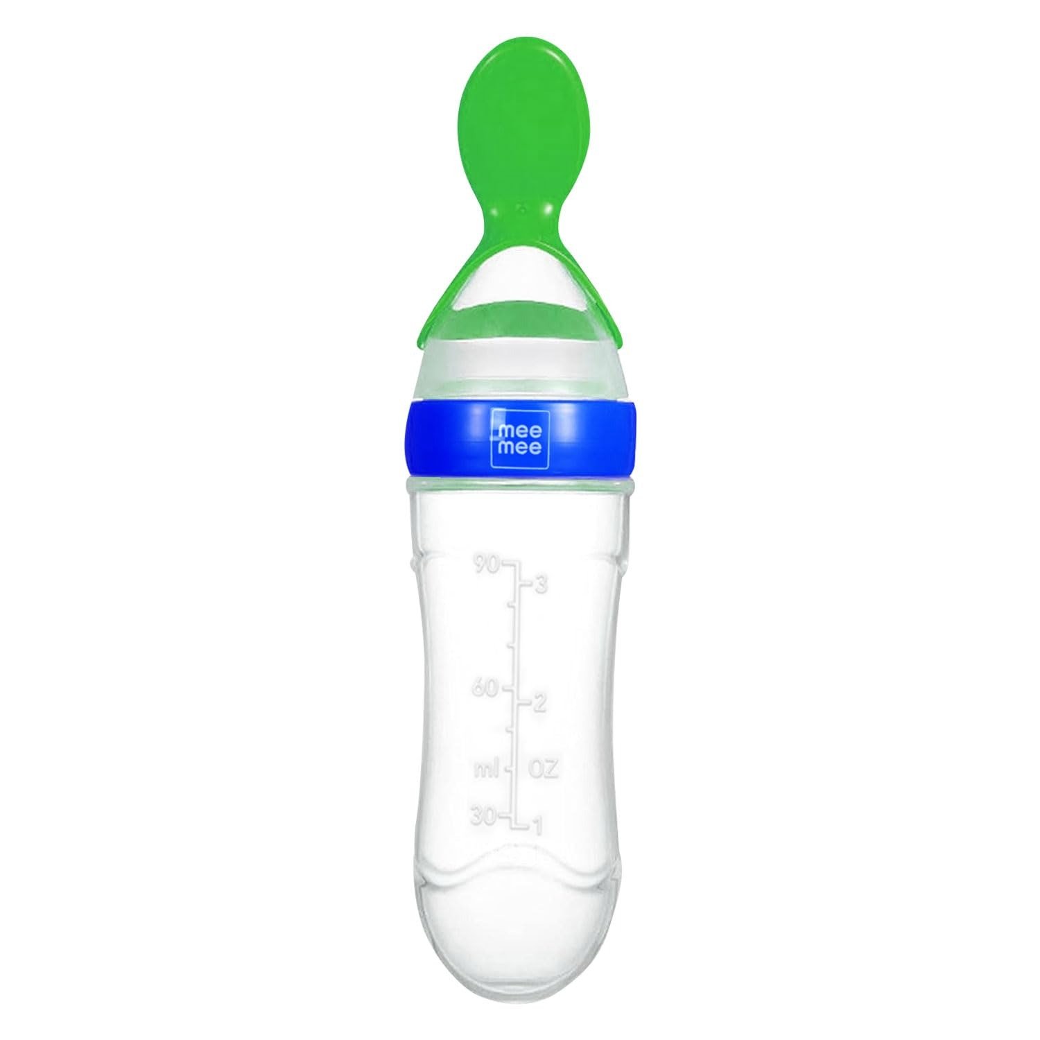 51CwnswDMaL-1.jpg Mee Mee Squeezy Silicone Spoon Food Feeder for Babies of 6 to12 Months with in-Built Stand | BPA Free Material with Food Grade Silicone Tip (Blue) - Fast Shipping to USA & Canada - Image 1