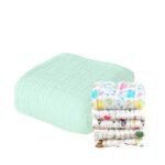 MOM'S HOME Baby Super Soft Absorbent Muslin 6 Layer wash Towel- 100X100 CM - (0-3 Years)- Green and 5 Muslin Sqaure Wipes - Fast Shipping to USA & Canada