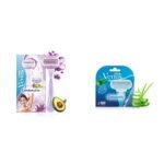 Gillette Venus Breeze Hair Removal Razor for Women with Avocado Oils & Body Butter, Freesia Scent, 1 Pc and Gillette Venus Hair Removal Razor Blades/Cartridges for Women - 4 Pieces (Aloe Vera) - Fast Shipping to USA & Canada