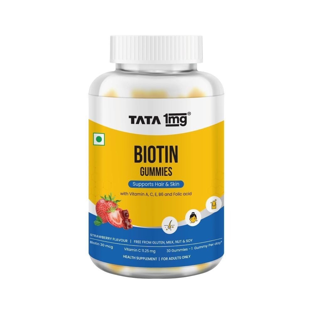 51VhPPGOtL.jpg TATA 1mg Biotin Gummies - 30 Strawberry - Fast Shipping to USA & Canada - Image 1