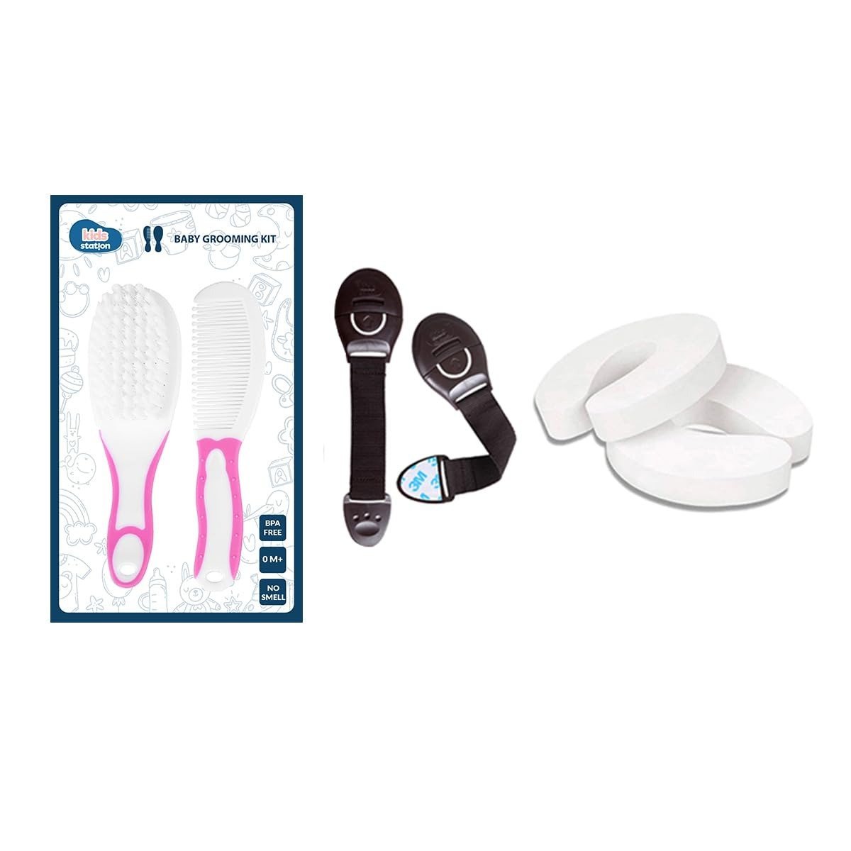 51Z6YQdxeL.jpg Kids Station Made in India Baby Safety Lock. Baby Proofing Finger Pinch Door Guard and Grooming Kit Combo Pack for Kids, Babies & Pet Safety (Multi, 2 Lock Brown+2 Door Stopper+1 Grooming Kit Pink) - Fast Shipping to USA & Canada - Image 1