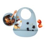 Kids Station 3 Piece BPA-Free Silicone Baby Feeding Set - Baby Bib - Spoon and Bowl - Make Mealtime Fun and Easy for Your Little One - for Infants + Toddlers - Baby Self Feeding Habit (Blue) - Fast Shipping to USA & Canada