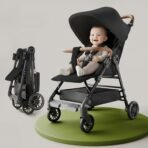 StarAndDaisy Baby Stroller for 0-3 years Newborn & Toddler / Travel Pram for Baby with foldable 360? Swivel Lockable Front Wheels, Multi-Level Recline & Adjustable Footrest , Removable Tray , Safety Harness Belt (Black) - Fast Shipping to USA & Canada