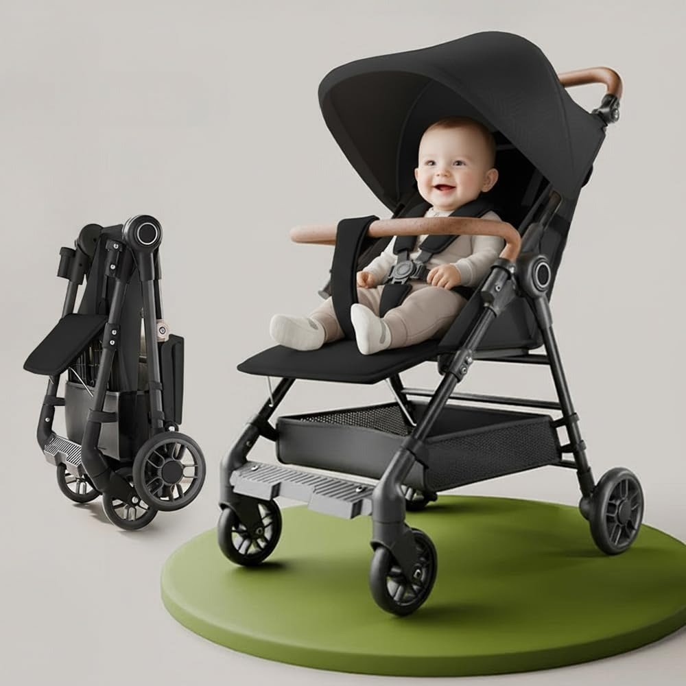 51oZKO4ZRUL-1.jpg StarAndDaisy Baby Stroller for 0-3 years Newborn & Toddler / Travel Pram for Baby with foldable 360? Swivel Lockable Front Wheels, Multi-Level Recline & Adjustable Footrest , Removable Tray , Safety Harness Belt (Black) - Fast Shipping to USA & Canada - Image 1