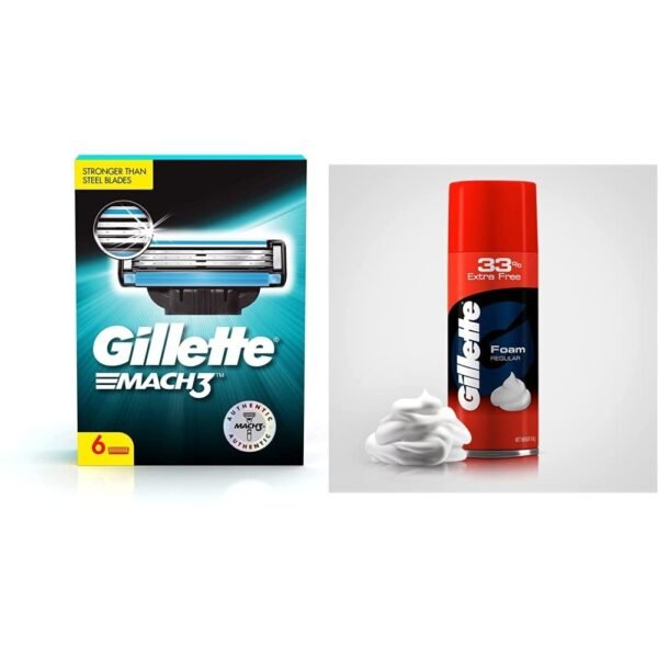 Gillette Men Mach 3 Shaving Blades- Pack of 6 (Cartridges) and Classic Regular Pre Shave Foam, 418g with 33% Extra Free - Fast Shipping to USA & Canada