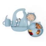 Kids Station 6 Piece BPA-Free Cat Shaped Silicone Baby Feeding Set - Baby Bib - Plate - Fork - Sipper - Spoon and Bowl - Make Mealtime Fun and Easy for Your Little One (Blue) - Fast Shipping to USA & Canada