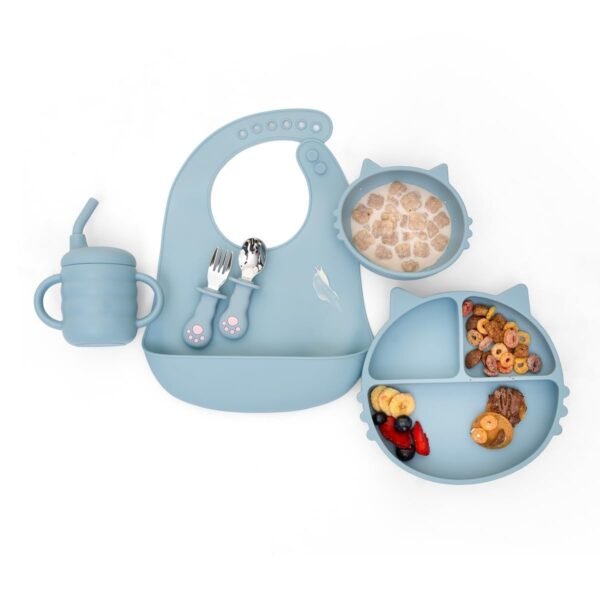 Kids Station 6 Piece BPA-Free Cat Shaped Silicone Baby Feeding Set - Baby Bib - Plate - Fork - Sipper - Spoon and Bowl - Make Mealtime Fun and Easy for Your Little One (Blue) - Fast Shipping to USA & Canada