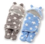 First Kick New Born Sleeping Bag Combo Pack of Super Soft Wearable Baby Wrapper Durable Fleece Polyester Cum Baby Sleeping Bag for Baby Boys Girls (76cm x 70cm, 0-6 Months) Pack of 2 Stars Grey, Blue - Fast Shipping to USA & Canada