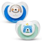 Mee Mee Pacifier Ultra Light Soft Silicone Nipple | BPA Free | Oral stimulatory | Teether | Air Flow Shield Pacifier for Babies with Cute Prints Pack of 2 (Green & Blue) - Fast Shipping to USA & Canada