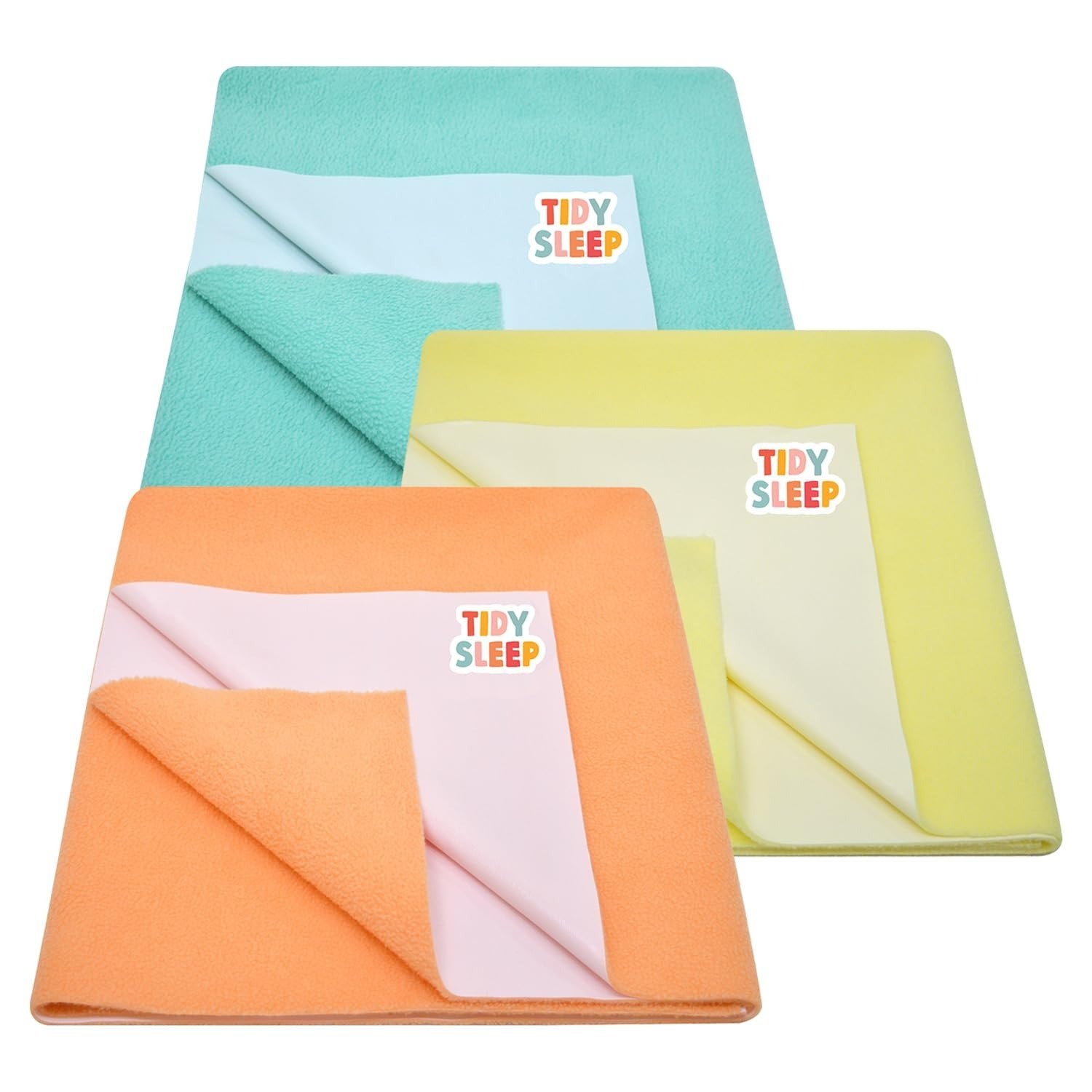 614jqldFCEL-1.jpg Tidy Sleep Instadry Anti-Piling Fleece Extra Absorbent Quick Dry Sheet for New Born Babies, Cotton Bed Protector Mattress Pack of 3 Peach-Blue-Green Medium (100x70) cm - Fast Shipping to USA & Canada - Image 1