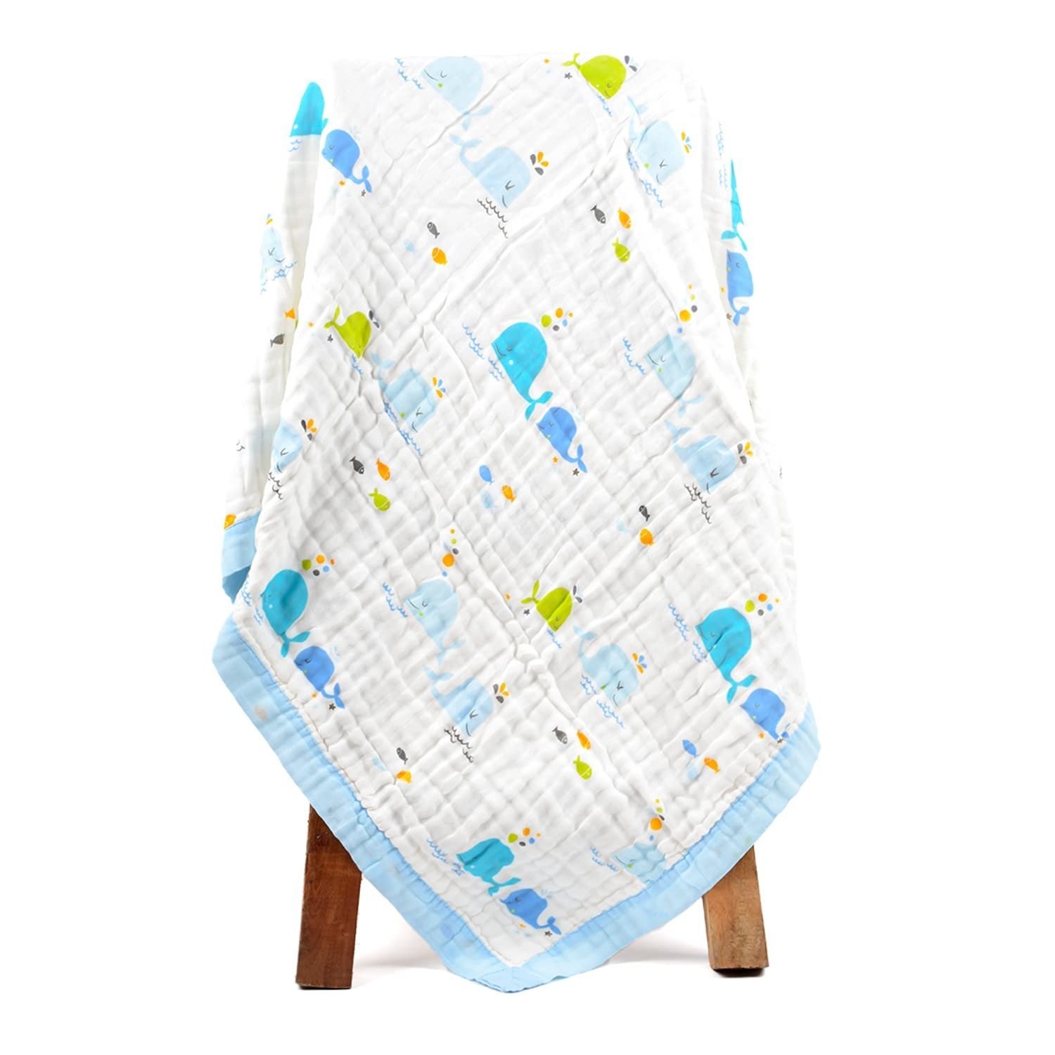 616GDRLF3wL-1.jpg MOM'S HOME Organic Cotton Baby Muslin 6 Layer Blanket | 100 x100 cm | 0-3 Years | Pack of 1 | Blue Whale - Fast Shipping to USA & Canada - Image 1
