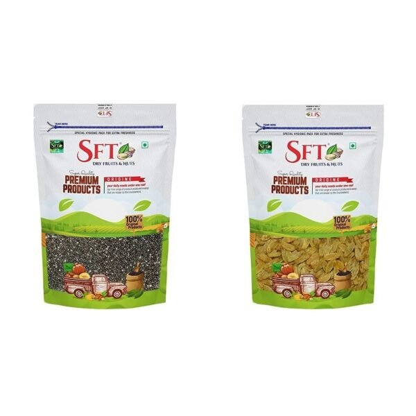 SFT Chia Seeds 1 Kg & SFT Raisins Afghani Green Long (Kishmish) Seedless, Dry Grapes 1 Kg - Fast Shipping to USA & Canada