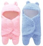 First Kick Baby Blankets New Born Combo Pack of Hooded Supersoft Wearable Wrapper Durable Fleece Polyester Cum Baby Sleeping Bag for Babies (70 cm x 76 cm, 0-6 Months) Combo of 2 Pink Blue - Fast Shipping to USA & Canada