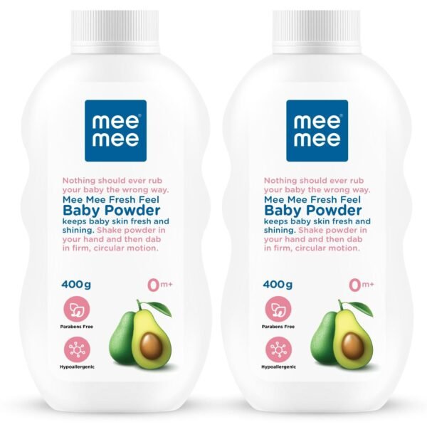 Mee Mee Baby Talcum Powder | Enriched with Avocado Oil | Dermatologist Approved | Rash-Resistant | Paraben-Free, 0m+ | Ideal for Newborns | 2-Pack of 400g For a Fresh Feel - Fast Shipping to USA & Canada