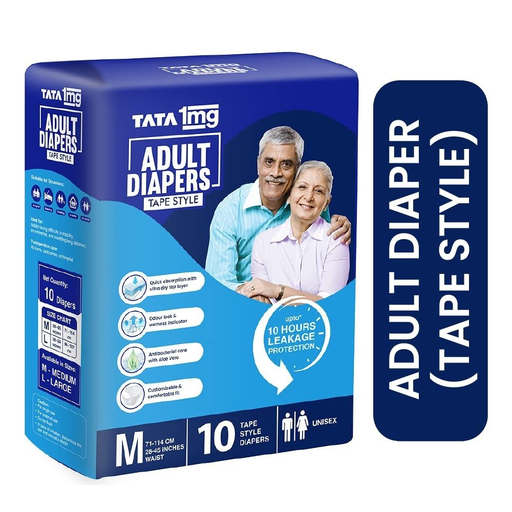 61CBGMlRlSL-1.jpg TATA 1mg Adult Diaper Tape Style - Medium (10) - Fast Shipping to USA & Canada - Image 1