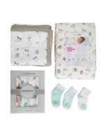 MOM'S HOME New Born Organic Cotton Gift Set - 0-1 Year-1 Quilted Quilt & Pack of 4 - Muslin, 1 Muslin Blanket, P3 Socks - Fast Shipping to USA & Canada