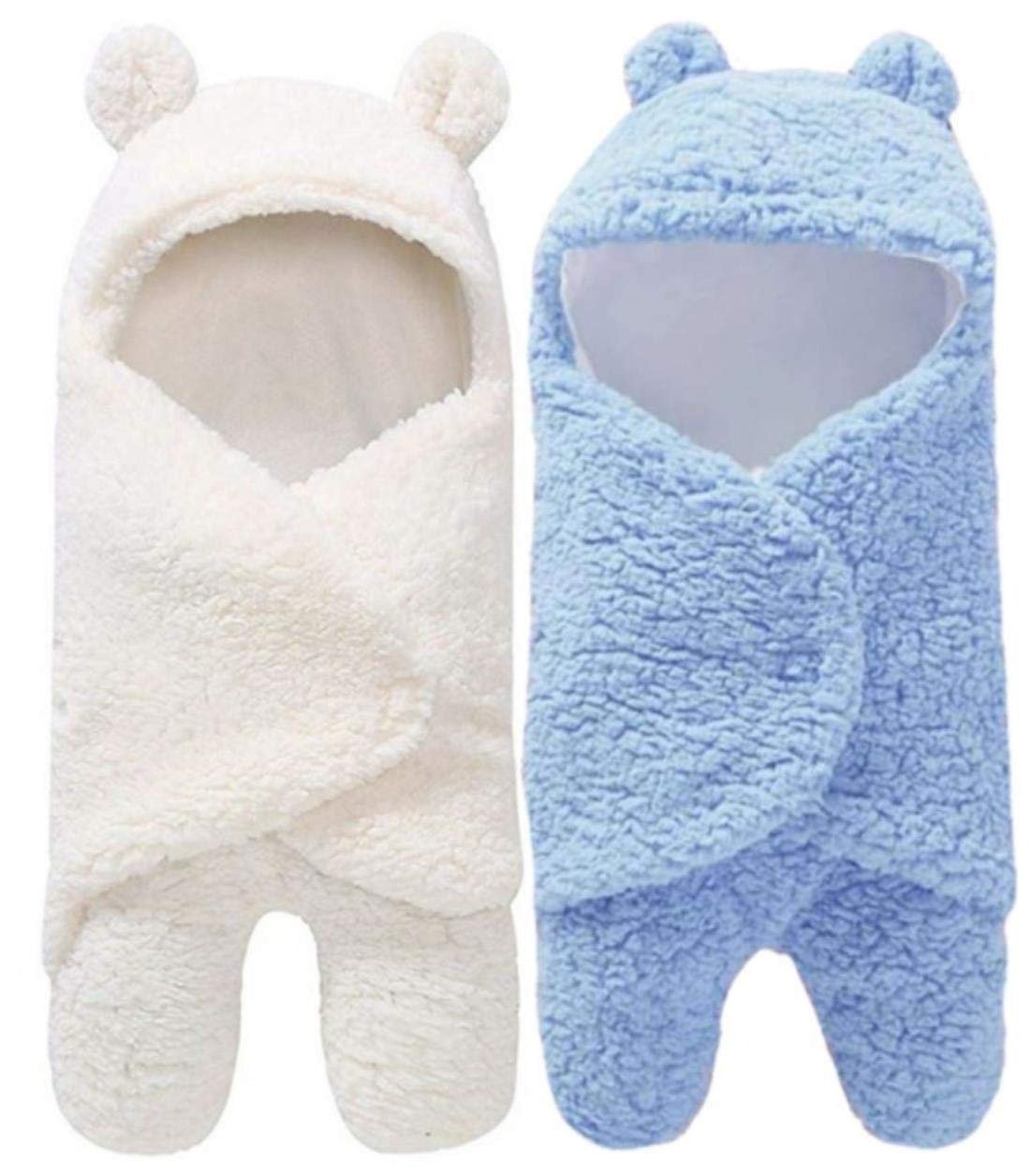 61JGtAWdVgL-1.jpg First Kick Baby Blankets New Born Combo Pack of Hooded Supersoft Wearable Wrapper Durable Fleece Polyester Cum Baby Sleeping Bag for Babies (70 cm x 76 cm, 0-6 Months) Combo of 2 White Blue - Fast Shipping to USA & Canada - Image 1