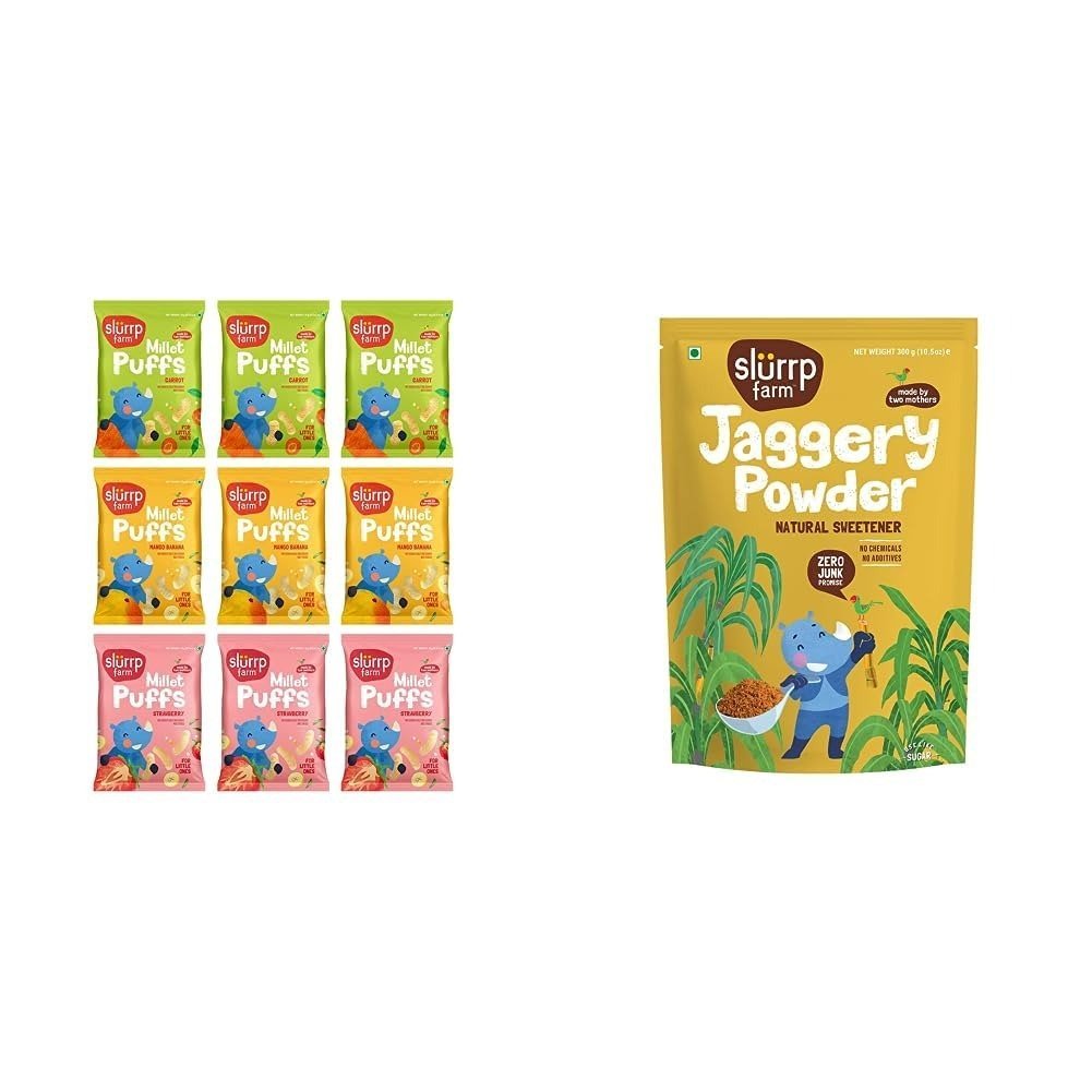 61SUQ-5oHL.jpg Slurrp Farm Fruit and Vegetable Teething Puffs Pack of 9 & Slurrp Farm Natural Jaggery Powder 300G - Fast Shipping to USA & Canada - Image 1