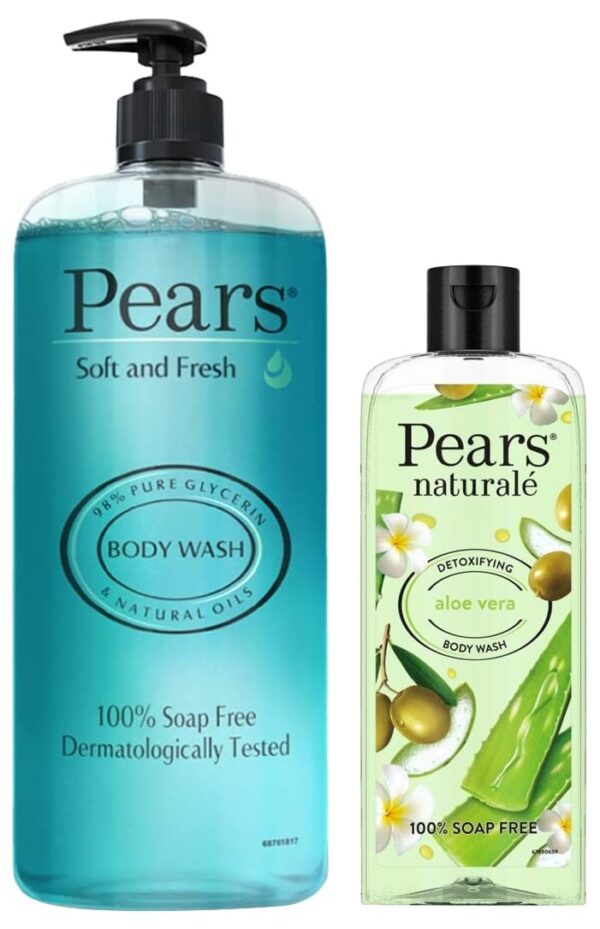 Pears Soft & Fresh Shower Gel SuperSaver XL Pump Bottle with 98% Pure Glycerine, 100% Soap Free and No Parabens, 750 ml & Pears Naturale Detoxifying Aloevera Bodywash,250 ml - Fast Shipping to USA & Canada