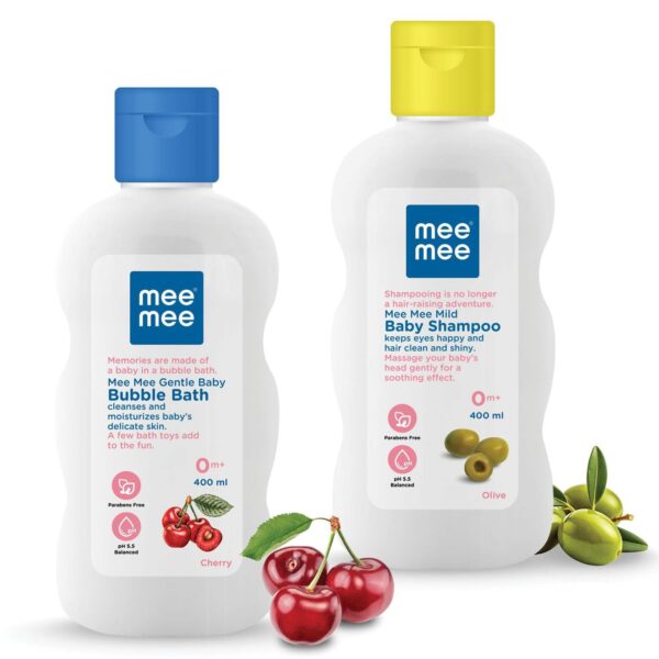 Mee Mee Gentle Baby Bubble Bath, White, 500ml & Mild Baby Shampoo with Fruit Extracts, 500ml Combo - Fast Shipping to USA & Canada