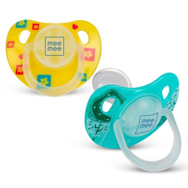 Mee Mee Baby Silicone Pacifier | Orthodontic Nipple for Oral Stimulation | Unique Shape to Support Psychological Breathing | Soother for Babies | Easy to Clean | 0-18 Months (Yellow/Green) - Fast Shipping to USA & Canada