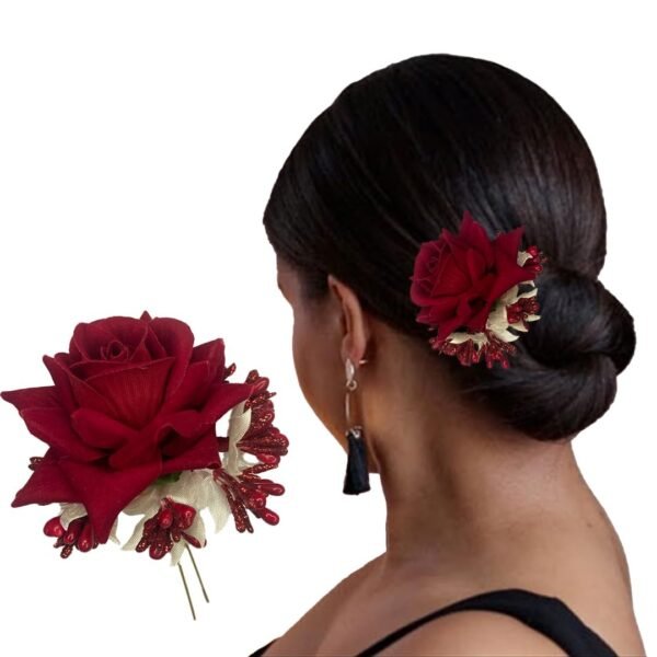 TEMPERIA Hair Accessories For Women & Girls - Stylish Red Rose Artificial Flowers Bun Juda U Pins & Clips for Style & Decoration - Bridal Brooch & Braid for Hairstyle of Bride, Wedding & Party (1pcs) - Fast Shipping to USA & Canada