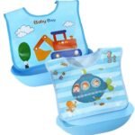 First Kick Baby PVC Silicone Bibs | Waterproof, Washable & Reusable | Feeding & Weaning Bibs for Babies & Toddlers |Non-Messy, Adjustable Neckline with Buttons | Pack of 2(Sky JCB & Blue Helicopter) - Fast Shipping to USA & Canada