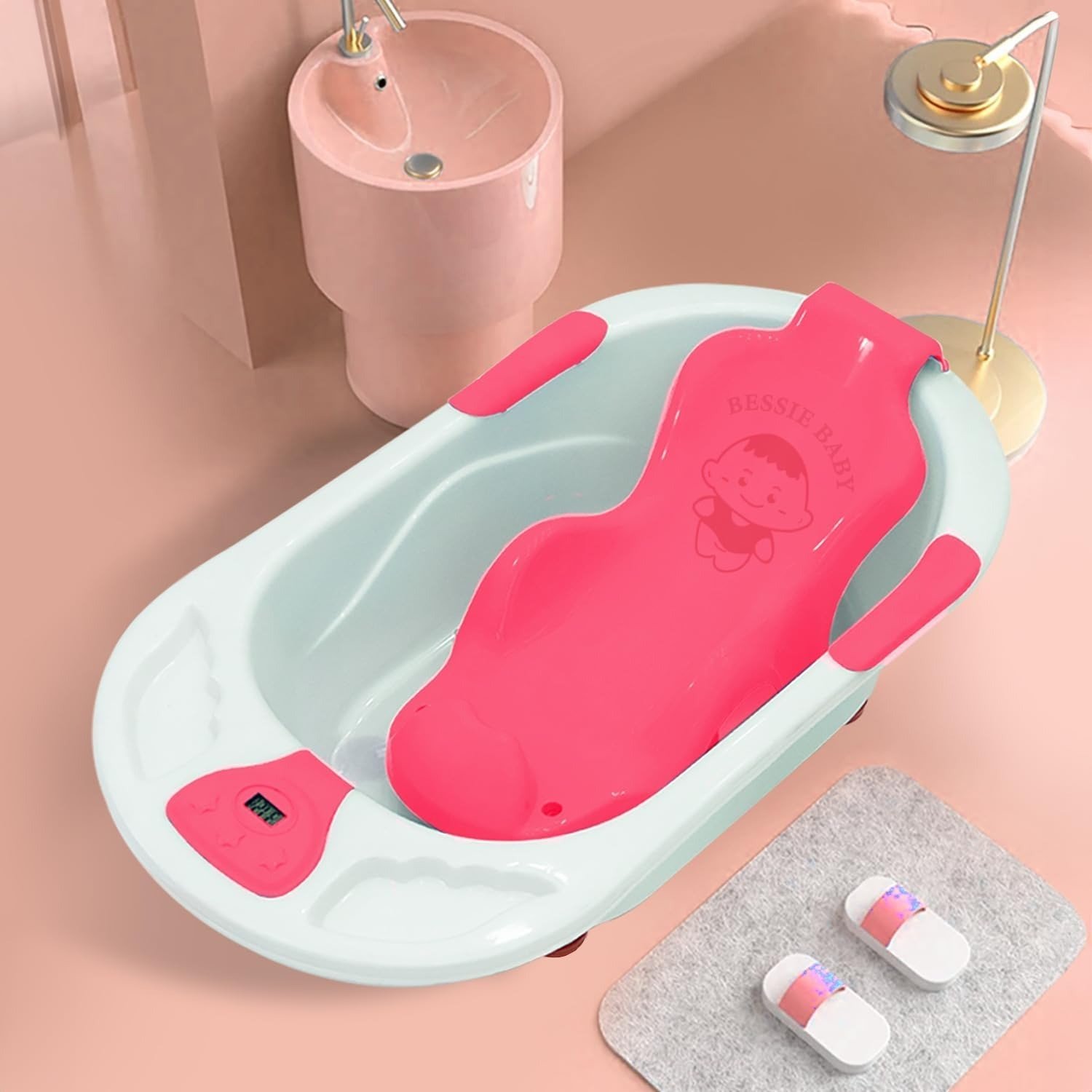 61mny4FmD0L-1.jpg StarAndDaisy Baby Bath tub for 0 to 5 Years with Temperature Sensor/Bath Tub for Kids with Anti-Slip Legs/Bathtub for Baby with Baby Bather Without Wheel(White-Pink) - Fast Shipping to USA & Canada - Image 1